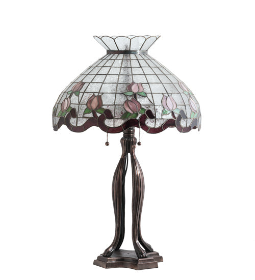 Meyda Lighting Roseborder 228799 32" 3-Light Mahogany Bronze Table Lamp With Multi-Colored Shade Glass