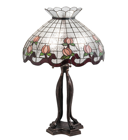 Meyda Lighting Roseborder 228799 32" 3-Light Mahogany Bronze Table Lamp With Multi-Colored Shade Glass