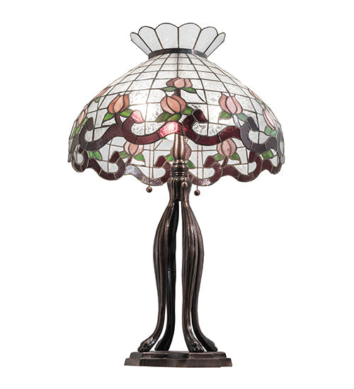 Meyda Lighting Roseborder 228799 32" 3-Light Mahogany Bronze Table Lamp With Multi-Colored Shade Glass