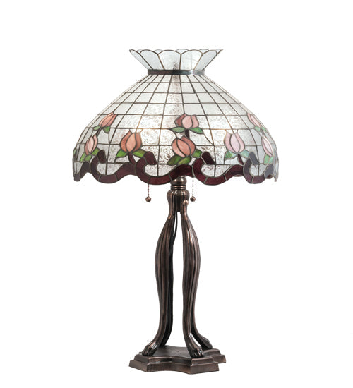 Meyda Lighting Roseborder 228799 32" 3-Light Mahogany Bronze Table Lamp With Multi-Colored Shade Glass