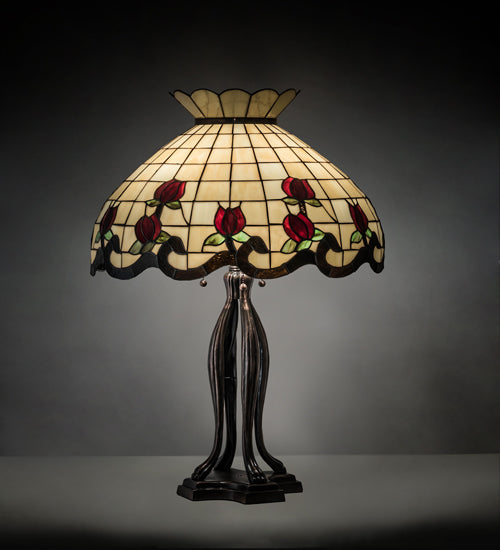 Meyda Lighting Roseborder 228801 32" 3-Light Mahogany Bronze Table Lamp With Multi-Colored Shade Glass