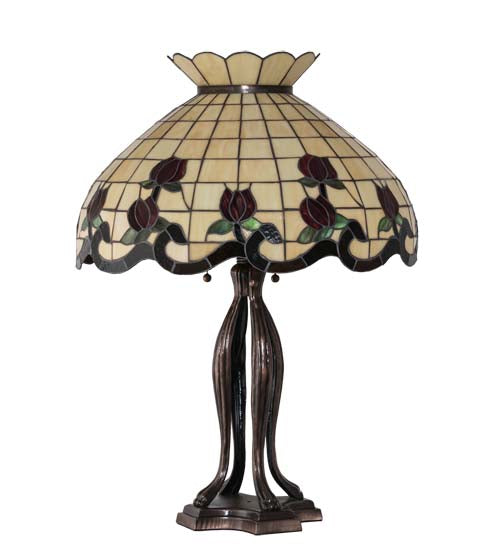 Meyda Lighting Roseborder 228801 32" 3-Light Mahogany Bronze Table Lamp With Multi-Colored Shade Glass