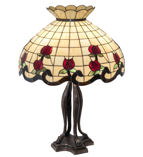 Meyda Lighting Roseborder 228801 32" 3-Light Mahogany Bronze Table Lamp With Multi-Colored Shade Glass