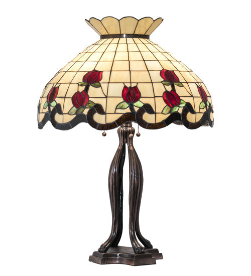 Meyda Lighting Roseborder 228801 32" 3-Light Mahogany Bronze Table Lamp With Multi-Colored Shade Glass