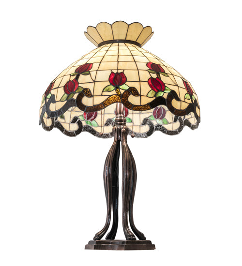 Meyda Lighting Roseborder 228801 32" 3-Light Mahogany Bronze Table Lamp With Multi-Colored Shade Glass