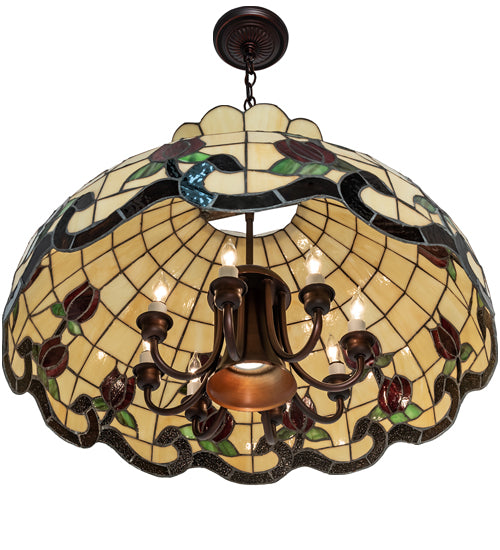 Meyda Lighting Roseborder 23" 9-Light Mahogany Bronze Pendant Light With Multi-Colored Shade Glass
