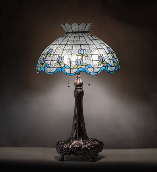 Meyda Lighting Roseborder 230472 32" 3-Light Mahogany Bronze Table Lamp With Multi-Colored Shade Glass