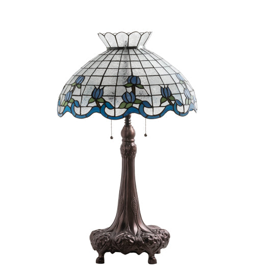 Meyda Lighting Roseborder 230472 32" 3-Light Mahogany Bronze Table Lamp With Multi-Colored Shade Glass