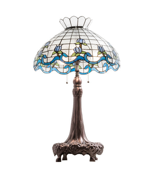 Meyda Lighting Roseborder 230472 32" 3-Light Mahogany Bronze Table Lamp With Multi-Colored Shade Glass