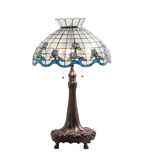 Meyda Lighting Roseborder 230472 32" 3-Light Mahogany Bronze Table Lamp With Multi-Colored Shade Glass