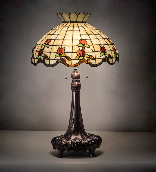 Meyda Lighting Roseborder 230473 33" 3-Light Mahogany Bronze Table Lamp With Multi-Colored Shade Glass