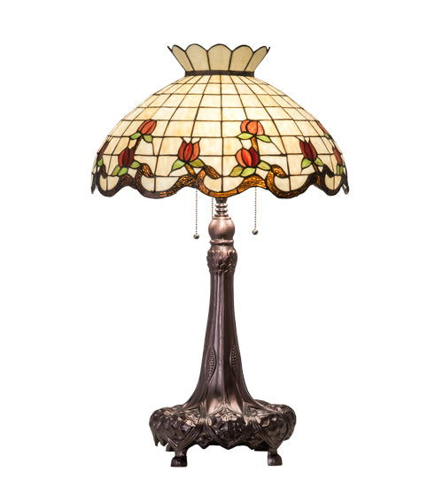 Meyda Lighting Roseborder 230473 33" 3-Light Mahogany Bronze Table Lamp With Multi-Colored Shade Glass