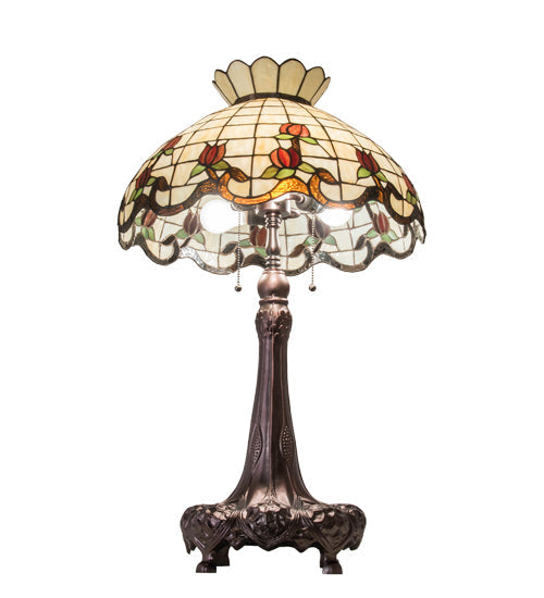 Meyda Lighting Roseborder 230473 33" 3-Light Mahogany Bronze Table Lamp With Multi-Colored Shade Glass