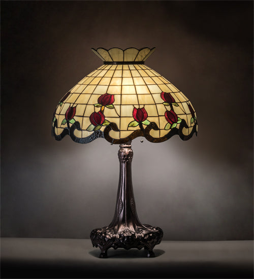 Meyda Lighting Roseborder 230474 33" 3-Light Mahogany Bronze Table Lamp With Multi-Colored Shade Glass