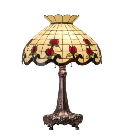 Meyda Lighting Roseborder 230474 33" 3-Light Mahogany Bronze Table Lamp With Multi-Colored Shade Glass