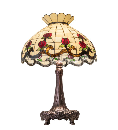 Meyda Lighting Roseborder 230474 33" 3-Light Mahogany Bronze Table Lamp With Multi-Colored Shade Glass