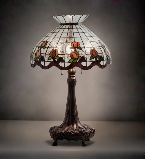 Meyda Lighting Roseborder 230639 33" 3-Light Mahogany Bronze Table Lamp With Multi-Colored Shade Glass