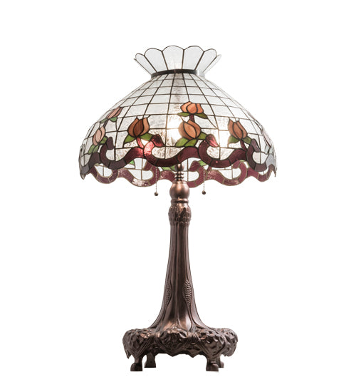 Meyda Lighting Roseborder 230639 33" 3-Light Mahogany Bronze Table Lamp With Multi-Colored Shade Glass