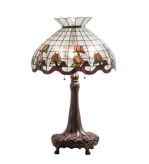 Meyda Lighting Roseborder 230639 33" 3-Light Mahogany Bronze Table Lamp With Multi-Colored Shade Glass