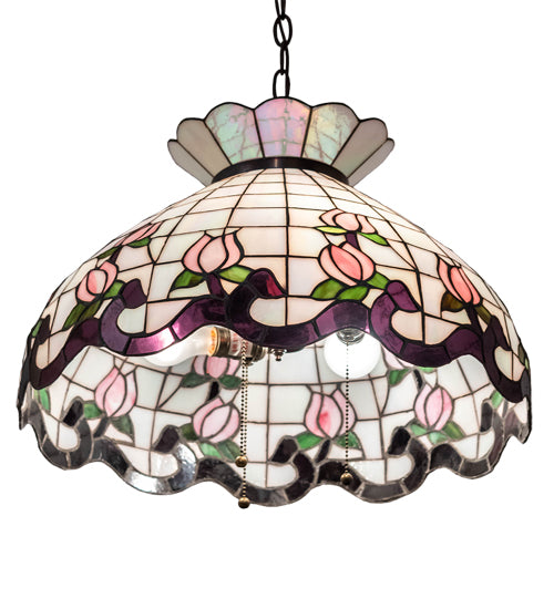 Meyda Lighting Roseborder 232764 20" 3-Light Mahogany Bronze Pendant Light With Multi-Colored Shade Glass
