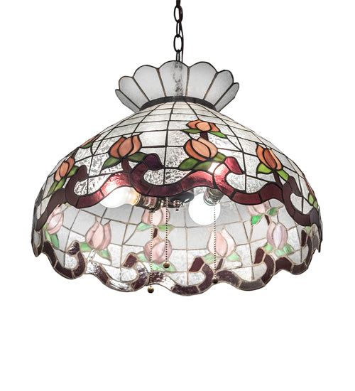 Meyda Lighting Roseborder 232769 20" 3-Light Mahogany Bronze Pendant Light With Multi-Colored Shade Glass