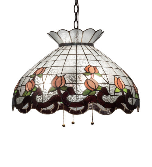 Meyda Lighting Roseborder 232769 20" 3-Light Mahogany Bronze Pendant Light With Multi-Colored Shade Glass