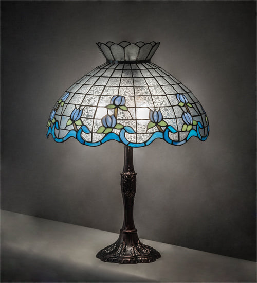 Meyda Lighting Roseborder 232793 26" 3-Light Mahogany Bronze Table Lamp With Multi-Colored Shade Glass