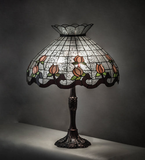 Meyda Lighting Roseborder 232794 26" 3-Light Mahogany Bronze Table Lamp With Multi-Colored Shade Glass