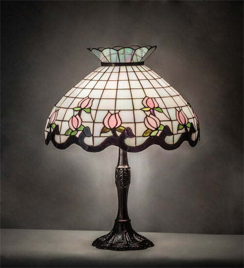 Meyda Lighting Roseborder 26" 3-Light Mahogany Bronze Table Lamp With Multi-Colored Shade Glass