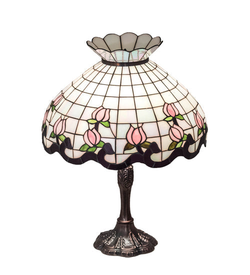 Meyda Lighting Roseborder 26" 3-Light Mahogany Bronze Table Lamp With Multi-Colored Shade Glass