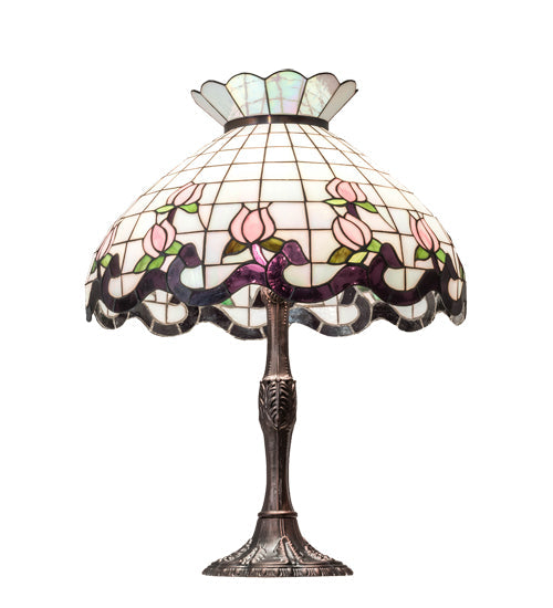 Meyda Lighting Roseborder 26" 3-Light Mahogany Bronze Table Lamp With Multi-Colored Shade Glass