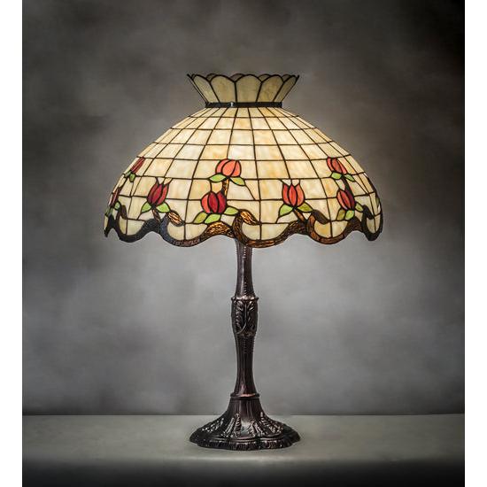 Meyda Lighting Roseborder 26" 3-Light Mahogany Bronze Table Lamp With Rose Design Shade Glass