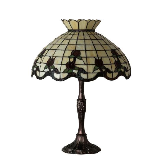 Meyda Lighting Roseborder 26" 3-Light Mahogany Bronze Table Lamp With Rose Design Shade Glass