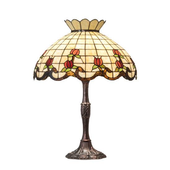 Meyda Lighting Roseborder 26" 3-Light Mahogany Bronze Table Lamp With Rose Design Shade Glass
