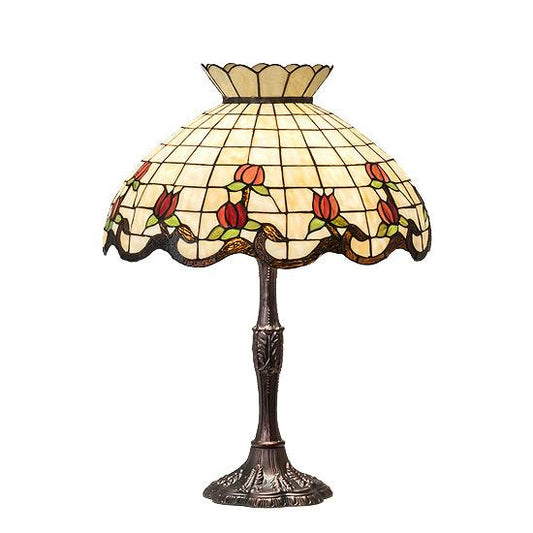 Meyda Lighting Roseborder 26" 3-Light Mahogany Bronze Table Lamp With Rose Design Shade Glass