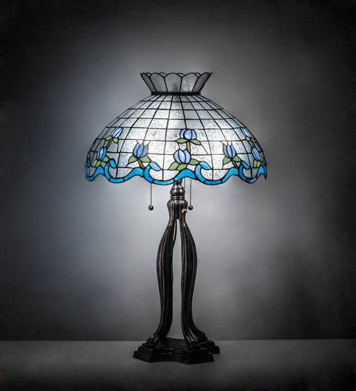 Meyda Lighting Roseborder 31" 3-Light Mahogany Bronze Table Lamp With Multi-Colored Shade Glass