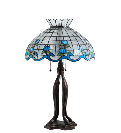 Meyda Lighting Roseborder 31" 3-Light Mahogany Bronze Table Lamp With Multi-Colored Shade Glass