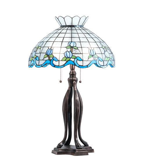 Meyda Lighting Roseborder 31" 3-Light Mahogany Bronze Table Lamp With Multi-Colored Shade Glass