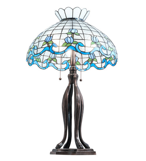 Meyda Lighting Roseborder 31" 3-Light Mahogany Bronze Table Lamp With Multi-Colored Shade Glass