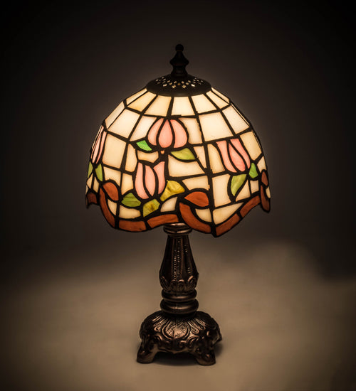Meyda Lighting Roseborder 31210 12" Mahogany Bronze Mini Table Lamp With Multi-Colored Shade Glass