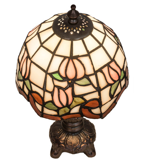 Meyda Lighting Roseborder 31210 12" Mahogany Bronze Mini Table Lamp With Multi-Colored Shade Glass