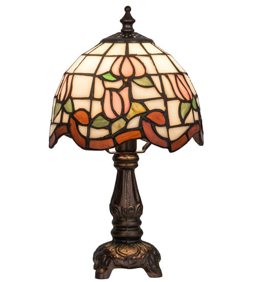 Meyda Lighting Roseborder 31210 12" Mahogany Bronze Mini Table Lamp With Multi-Colored Shade Glass