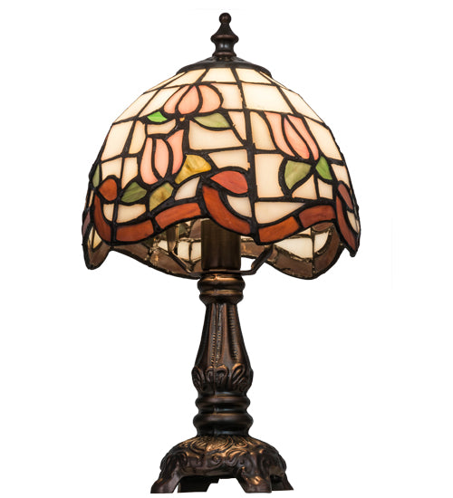 Meyda Lighting Roseborder 31210 12" Mahogany Bronze Mini Table Lamp With Multi-Colored Shade Glass