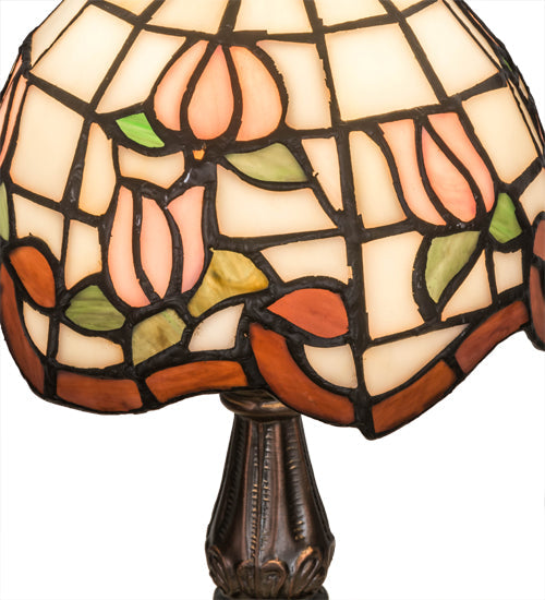 Meyda Lighting Roseborder 31210 12" Mahogany Bronze Mini Table Lamp With Multi-Colored Shade Glass