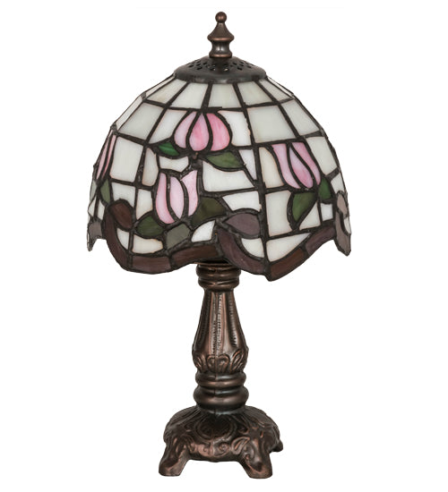 Meyda Lighting Roseborder 31210 12" Mahogany Bronze Mini Table Lamp With Multi-Colored Shade Glass