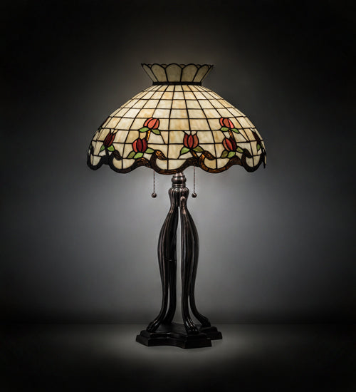 Meyda Lighting Roseborder 32" 3-Light Mahogany Bronze Table Lamp With Multi-Colored Shade Glass