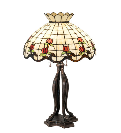 Meyda Lighting Roseborder 32" 3-Light Mahogany Bronze Table Lamp With Multi-Colored Shade Glass
