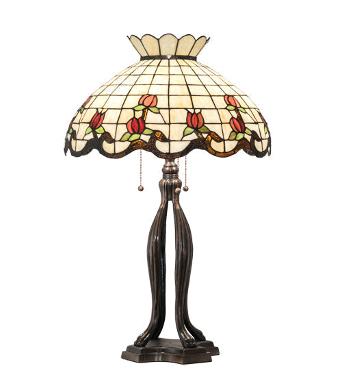 Meyda Lighting Roseborder 32" 3-Light Mahogany Bronze Table Lamp With Multi-Colored Shade Glass