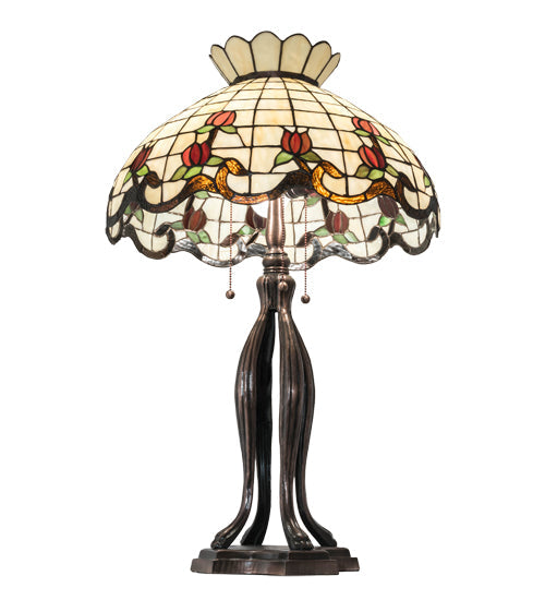 Meyda Lighting Roseborder 32" 3-Light Mahogany Bronze Table Lamp With Multi-Colored Shade Glass