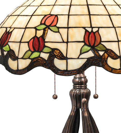 Meyda Lighting Roseborder 32" 3-Light Mahogany Bronze Table Lamp With Multi-Colored Shade Glass